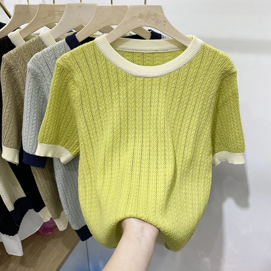 

Loose Ice Silk Knitted Short Sleeve Top round Neck Hollow out Thin Summer Fashion Anti-Aging Large Size Women's T-Shirt