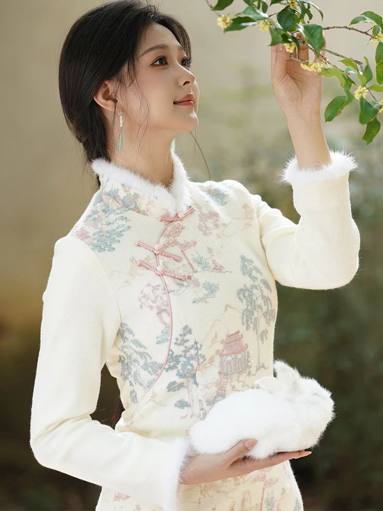 

Autumn Winter New Sle Hanlu Chinese National Sle Knitted Sweater Fabric Water Rabbit Fur Slimming Dr with Button