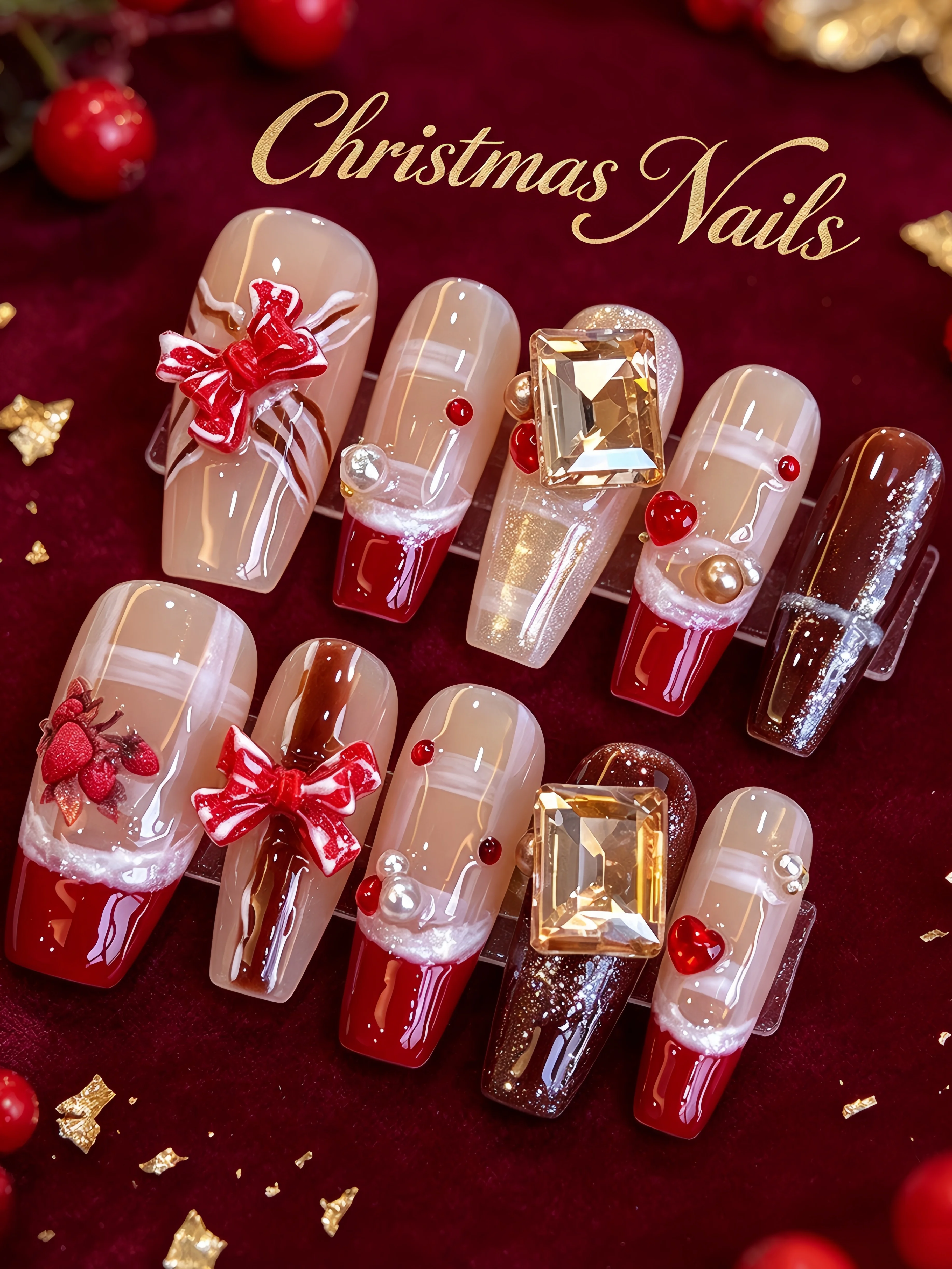 Festive Atmosphere Nail Art Tips: Nude Base Red French Square Style with Champagne Large Rhinestones and Pearls, Handmade Wearable Nails for New Year's Eve, New Year, and Christmas