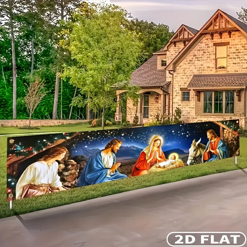 

1pc Nativity Scene Christmas 2D FLAT Flag, 45x200cm/50x300cm Polyester Fiber Banner, Multipurpose Religious Decor For Outdoor