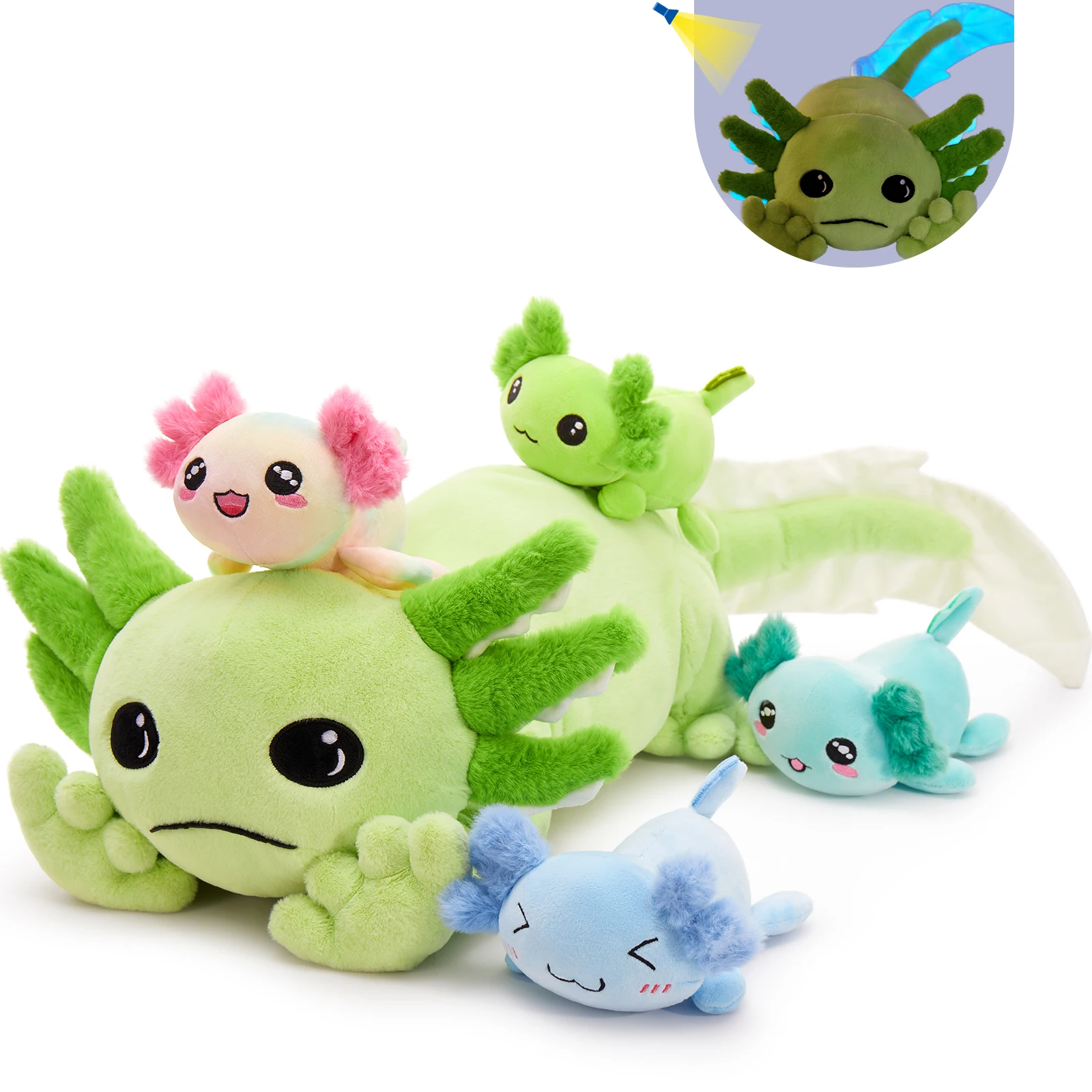 

Axolotl Plush Toy with 4 Babies, 31.5" Cute Axolotl Stuffed Animals Luminous Salamander Plushies Soft Large Pillow