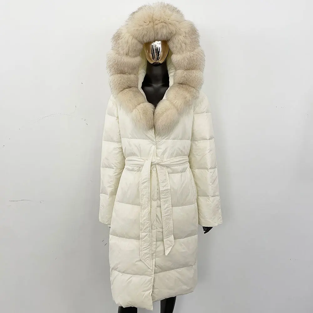 ホワイトダックダウンコート レディース 2025年冬 ナチュラルラクーンファー ジャケット ロング丈 フード付き 本物のフォックスファー パファージャケット 女性用