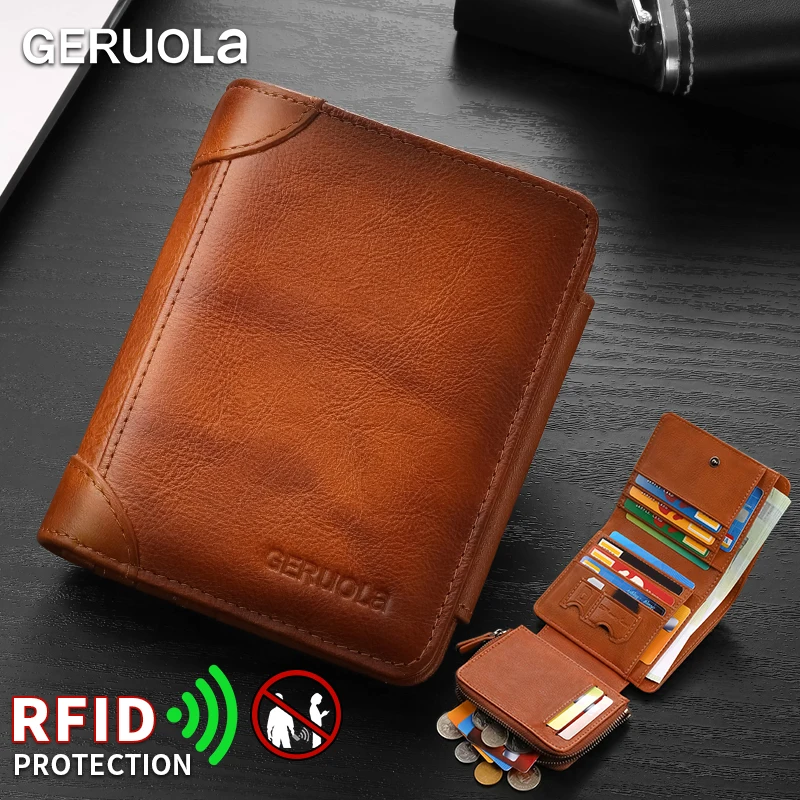 Men’s compact, high-capacity genuine leather wallet; top-grain cowhide wallet with multiple card slots; RFID protection