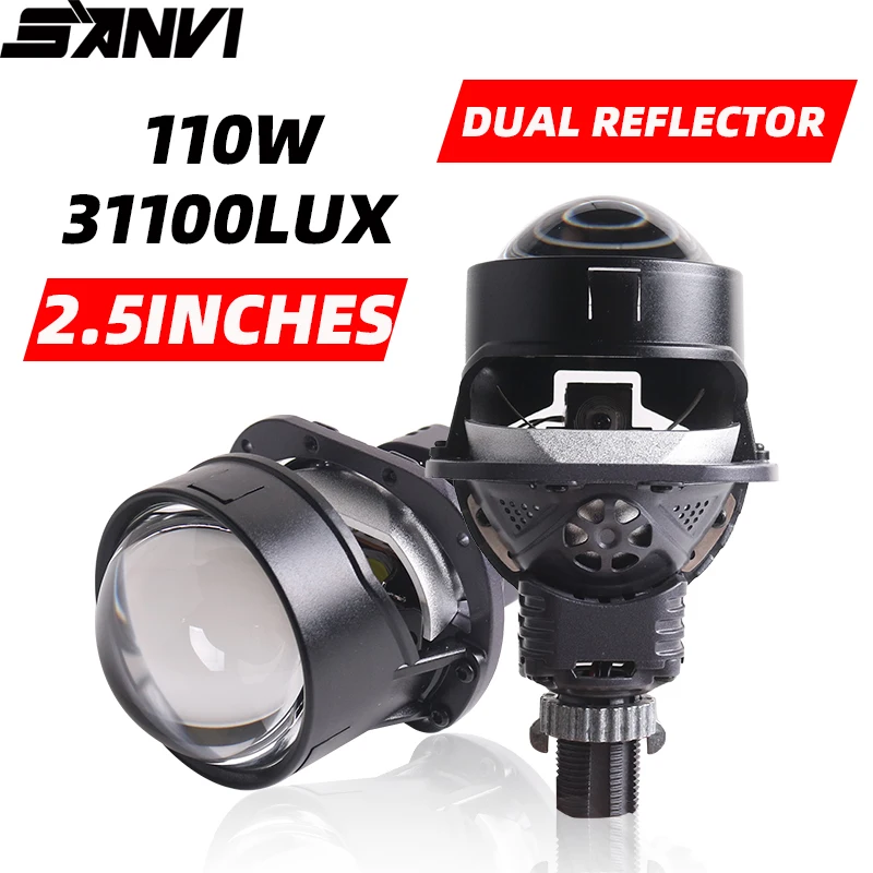 

SANVI 2.5 Dual Reflector Bi LED Projector Lense Headlight Angel Eyes Headlamp H4 H7 9005 9006 Car Light Upgrade 110W 31100Lux