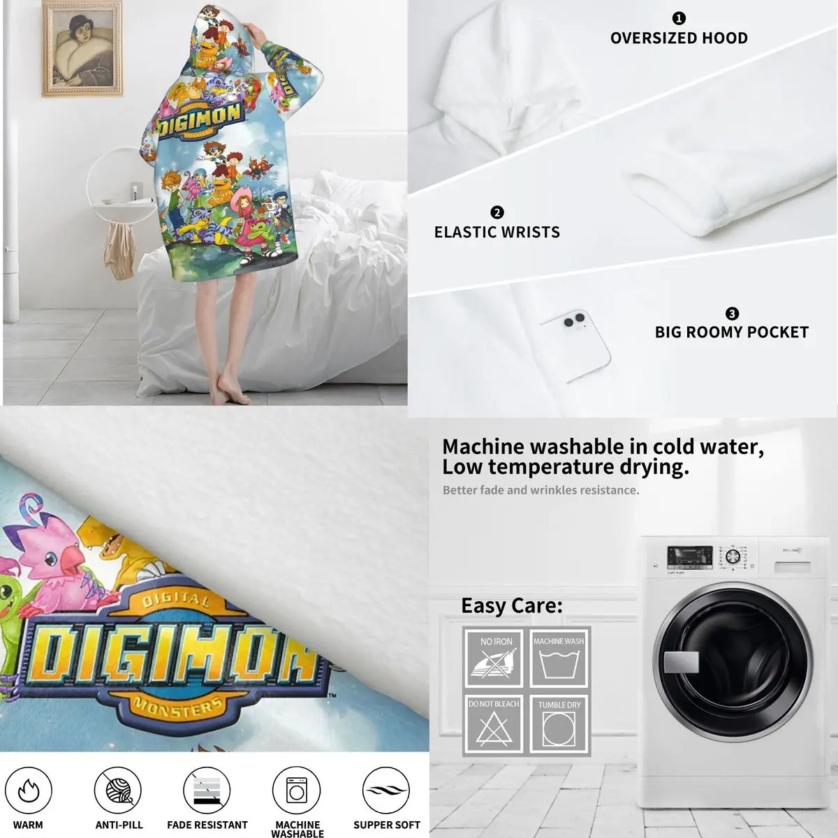 Digital Monster Digimon Oversized Deken Hoodie Sweatshirt Lange Fleece Capuchon Draagbare Deken met Grote Zak voor Dames Heren