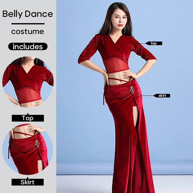 Belly Dance Sexy Mesh Costumes Wearing Outfit for Women 2 Pieces Set Top Long Skirt Women's Belly Dancing Suit Practice Clothes