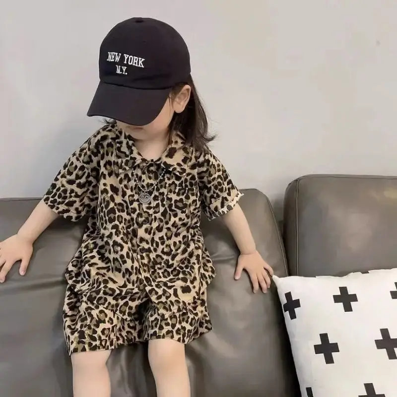 Summer Leopard Children's Sets Kids Summer Set 2024 New Baby Unisex Casual Boys' Shirt Korean Two Piece Set