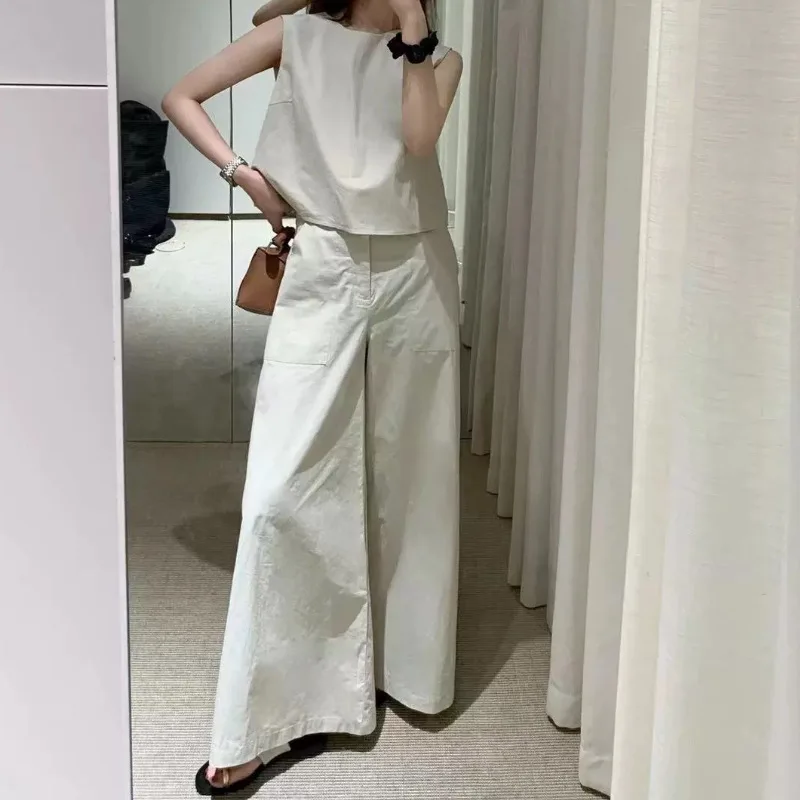 Two Piece Sets Women Pant Set Round Neck Sleeveless Vest Y2k Streetwear Wide Leg Long Pants High Waist Slim Fit Work Elegant