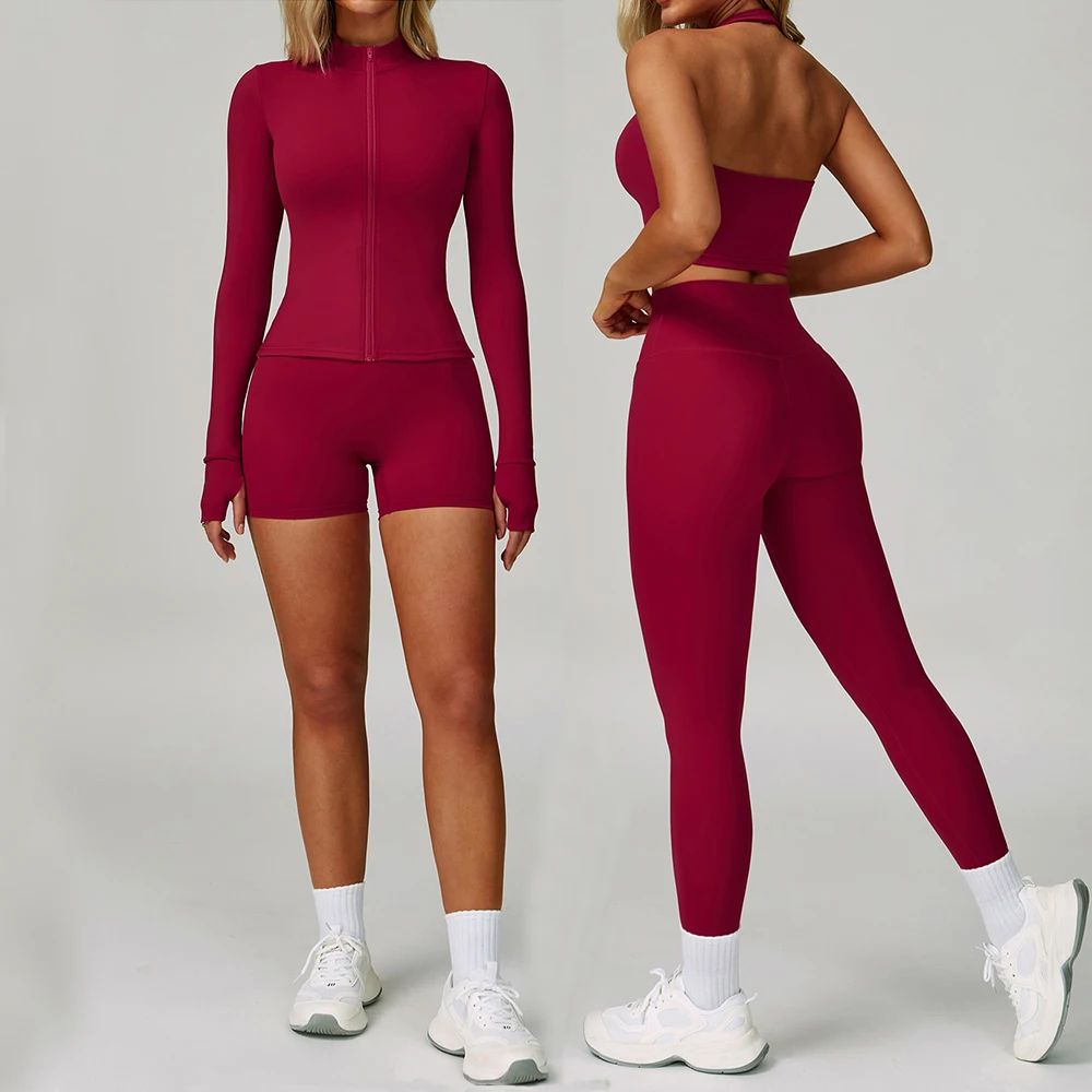 

2Pcs Yoga Set Women Gym Set Workout Clothes High Waist Leggings Yoga Shorts Sports Bra Crop Top Long Sleeve Suits Tracksuits
