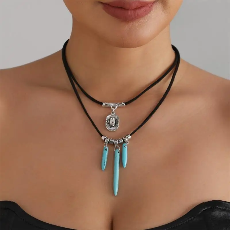 91AF Adjustable Retro Turquoise Stone Necklace For Casual Or Party Outfit Enhancement