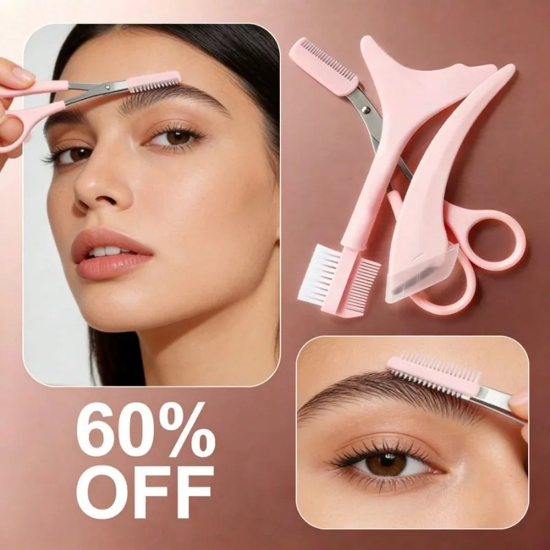 3Pcs Eyebrow Shaping Grooming Kit, Curved Stainless Steel Brow Razor & Eyebrow Scissors With Built-In Comb, Beginner Friendly Precision Trimming Tools, Portable Travel Makeup Accessory, Daily Beauty Gift For Women Girls