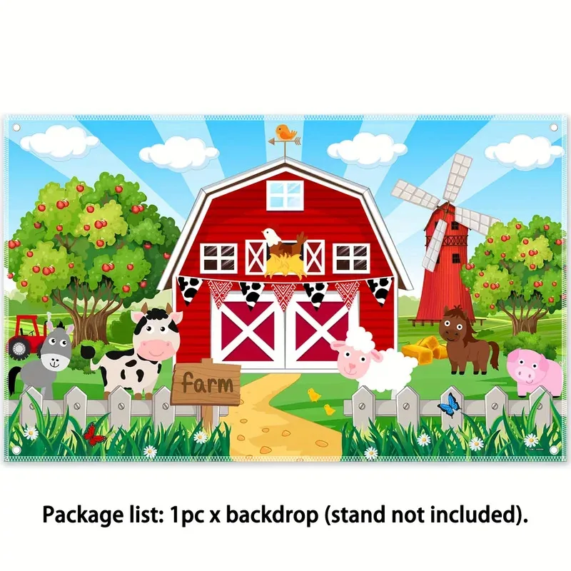 Tło fotograficzne z poliestru w stylu wiejskim: Kreskówkowe zwierzęta gospodarskie i scenerie stodoły, przyjęcie urodzinowe
