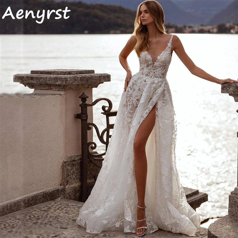 

Aenyrst Elegant Spaghetti Strap Lace Applique Wedding Dresses A Line Split V Neck Floor Length Bridemaid Gowns Long Prom Dresses