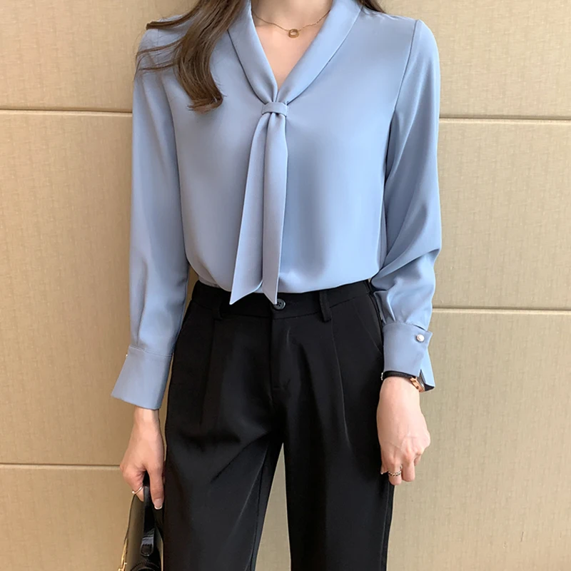 Autumn New Temperament Elegant Chiffon Shirts Women Clothing V-neck Simple Solid Blouse Vintage Loose Office Lady Tops