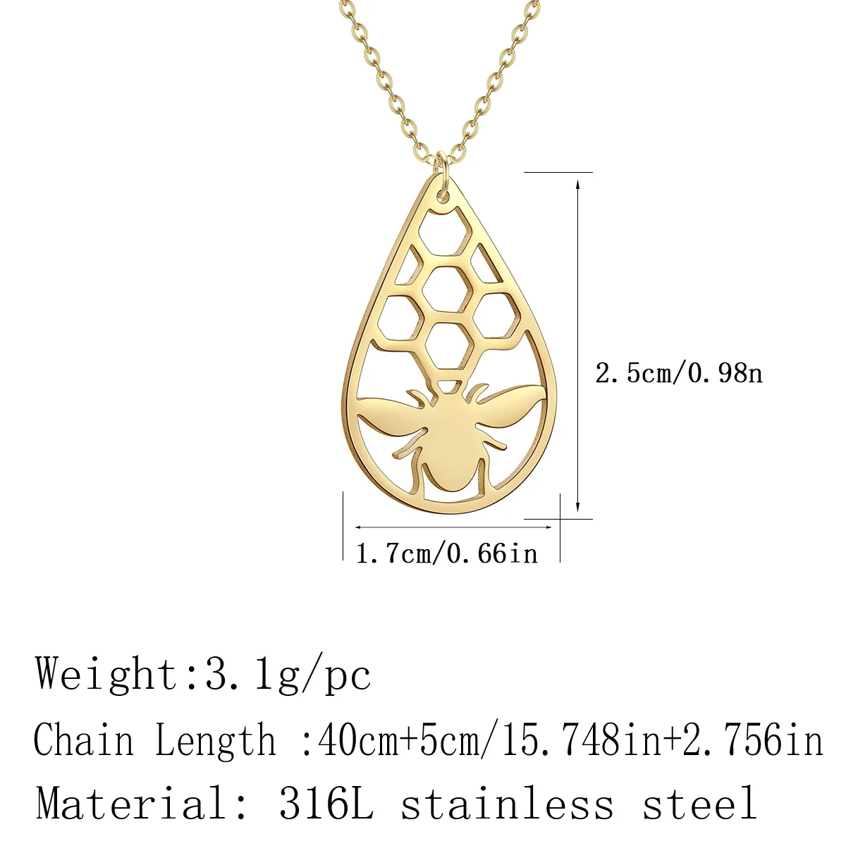 Kinitial HoneyBee Bee Insect Pendant Necklace For Women Statement Water Drop Honeycomb Necklace Stainless Steel Jewelry