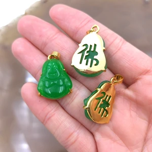 Buda, yeşim, yeşil, doğal, stil, çin, gülümseme, kabala muska kolye, fo'nun erkekler ve kadınlar için tasarımının karakteriyle gömülü, şans mücevherleri Kolye buda kafasının en iyi 10 satışı-no. 7