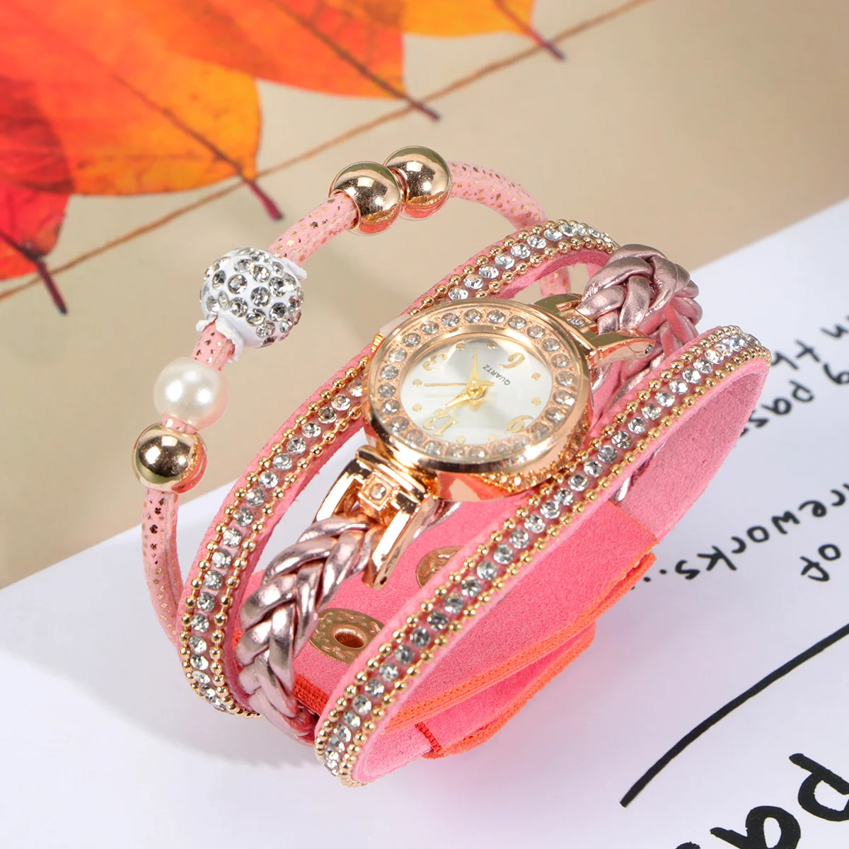 Rhinestone Women Watch Braided Wristband Fashion Quartz Timepiece for Daily Wear Birthday Gift Pink Women Watch