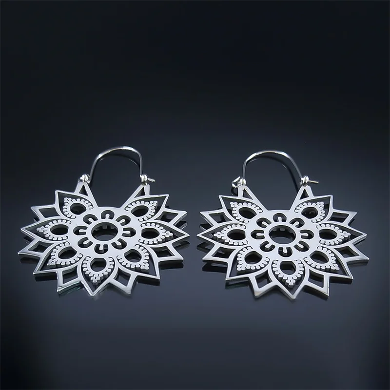 Tribal Lotus Flower Earrings Stainless Steel Silver Color Mandala Hoop Earrings Jewelry boucle d’oreille acier inoxidable E9360S