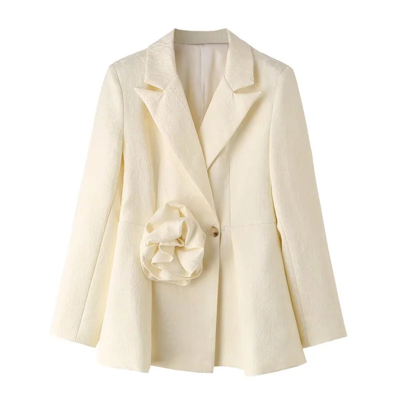 Spring Autumn Women Beige Suit Jacket Fashion Flowers Decoration Notched Collar Single-breasted Long Sleeve Female Blazers Coat