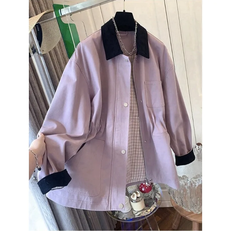 เสื้อโค้ททรงหลวมคอปกโปโลสีชมพูตัดกันสไตล์เรโทร SuperAen สำหรับผู้หญิง ฤดูใบไม้ผลิและฤดูใบไม้ร่วง 2025 สไตล์เกาหลีใหม่