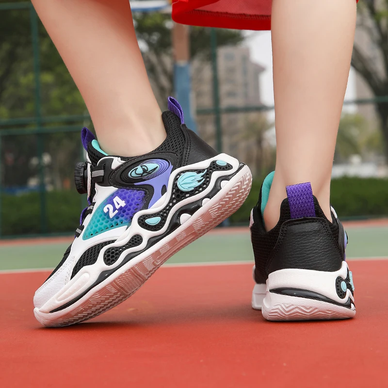 Spring/Summer Basketball Shoes Children's Sports Shoes Boys' Trendy Breathable Shock Absorbing Rotating Button Running Shoes