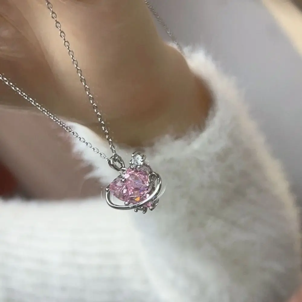 Neue Mode Kristall Herz Anhänger Halskette Zirkon Ästhetische Liebe Planet Halskette Schmuck Y2K Schlüsselbein Kette Frauen