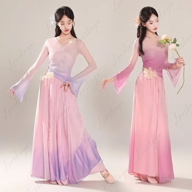 New Gradient Floral Sheer Dance Costume Set Flowy Elegant Chinese Style Outfit for Classical Dance Performance