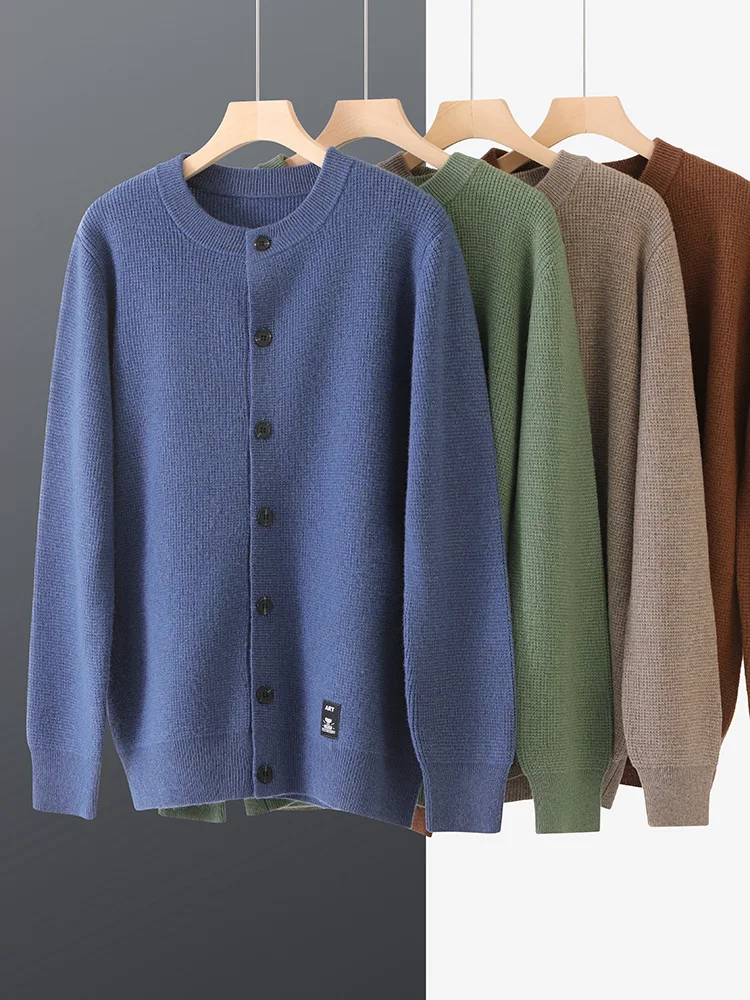 

100% Australian wool knitted cardigan men's fashion casual loose outer sweater solid color button men's jacket
