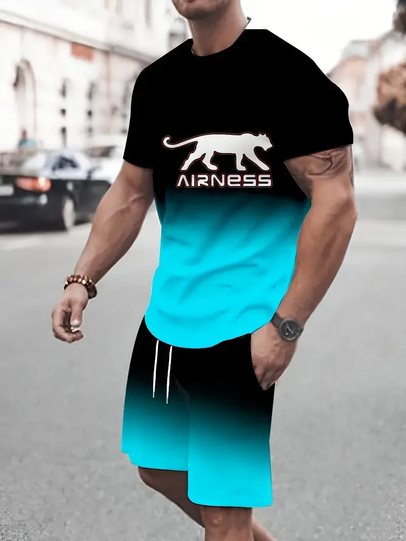 Summer chic 2025 fashion outdoor activity Men's casual sports suit Round neck T-shirt and shorts 3D printed T-shirt shorts set 