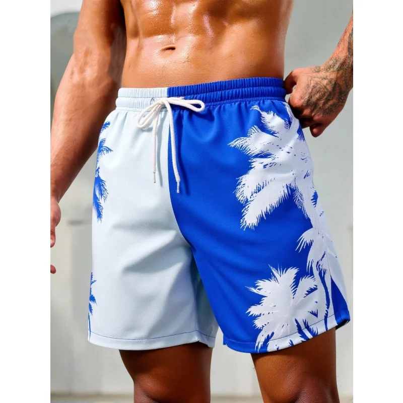 

3D Print Coconut Tree Splicing Short Pants For Men Colorful Gradient Pattern Beach Shorts Street Fashion Sports Loose Swim Trunk
