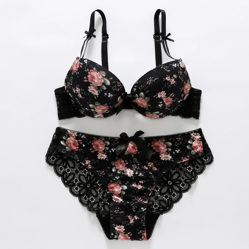 1Set Women\'s Sexy Embroidery Adjusted-straps Lingerie Suit Underwire Push-Up Thin Padded Bra Flower Printing Bras Sets