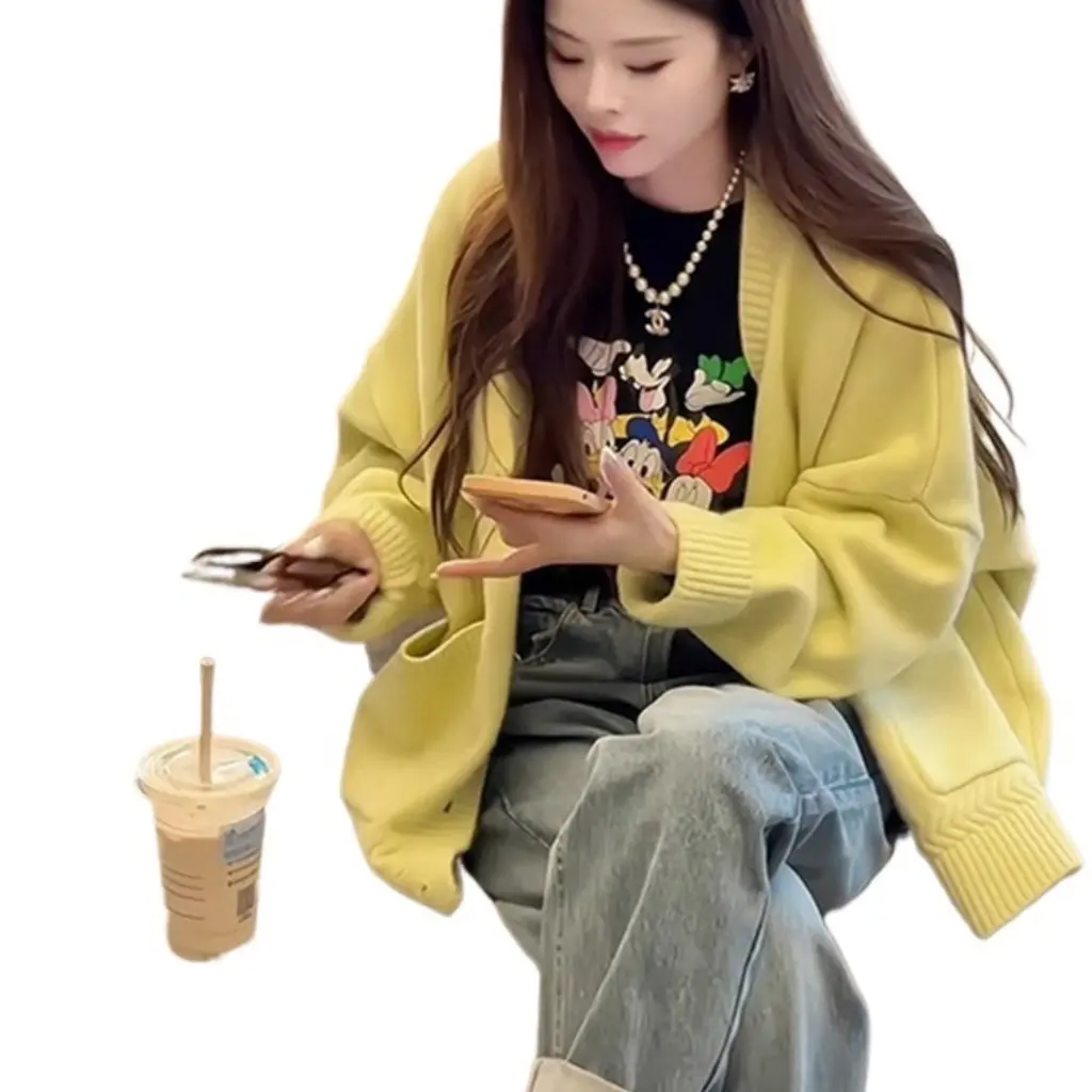 

Women's Xiaoxiang Style Knitted Cardigan Sweater Yellow Loose Outer Wear Korean Short Top for Spring And Autumn