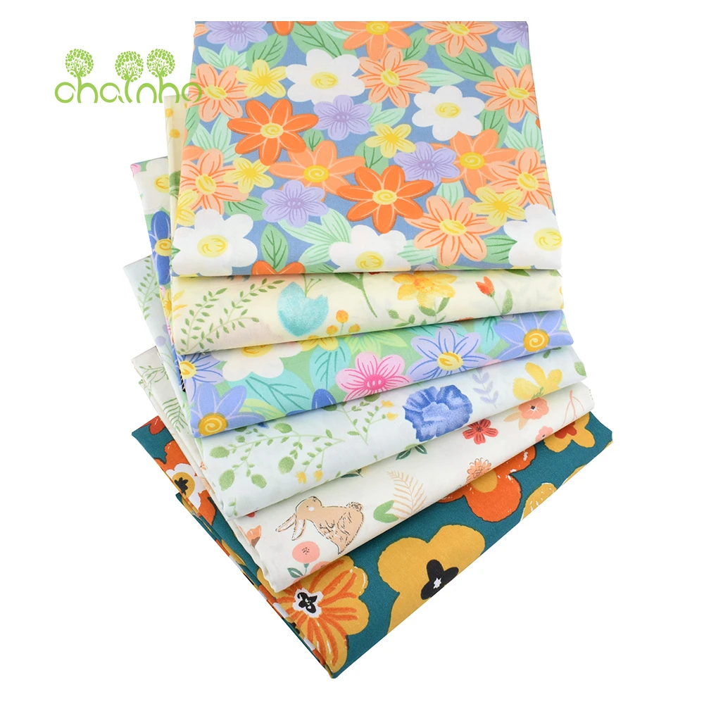 Chainho,Printed Twill Weave Cotton Fabric,DIY Sewing Quilting Textiles Material,Patchwork Cloth,Floral Series,6 Designs,J3C40