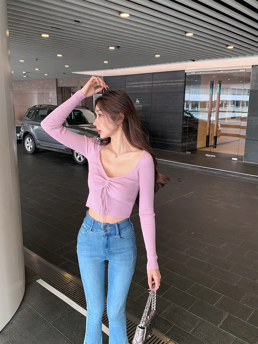 

Трикотаж Achi Purple Dstring Long Sve Slim Fit ort Sle Overhead Base irt Топ для женщин Commute Sle V-Ne