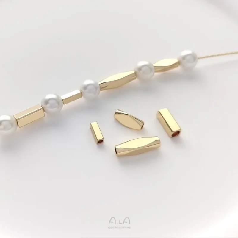 14K Gold Color Rectangular Tube Beads Rhombus-cut Corner Long Tube Beads Handmade Beaded DIY Bracelet Jewelry Material