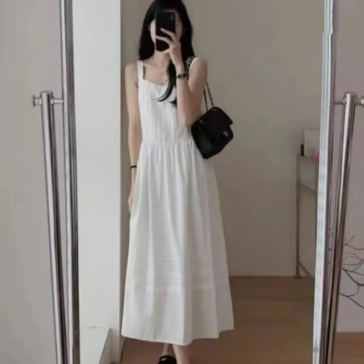 White Summer Belted Dress Women's Fashion Slimming Korean Style Tea Break Long Skirt Square Collar Gentle High End