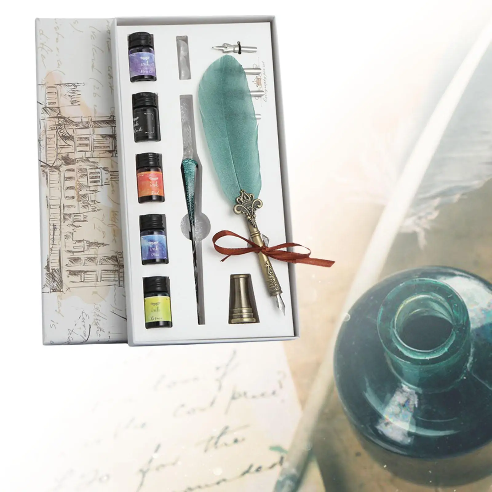 

Magic School Luxury Sprinkle Gold Feather Quill Dip Calligraphy Fountain Pen Writing Ink 4 Nibs Set Stationery Gift Box
