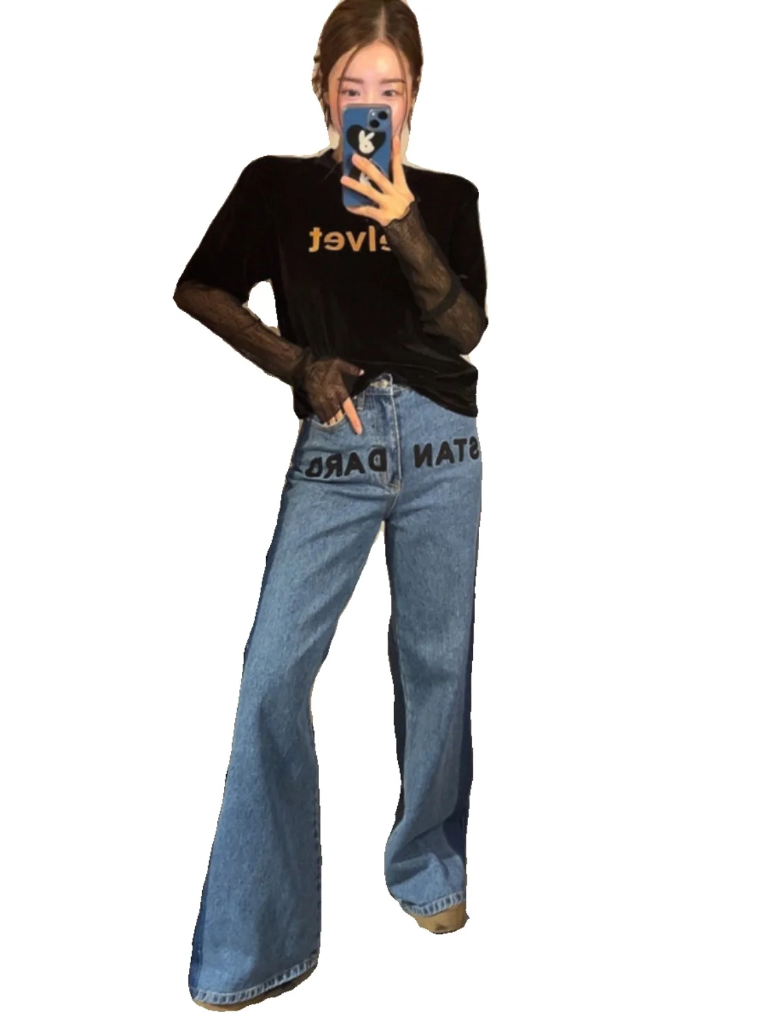 Retro Waed Vita alta Colore laterale Blo Jeans lunghi micro svasati dritti larghi Pantaloni in denim ricamati da donna Blu alla moda
