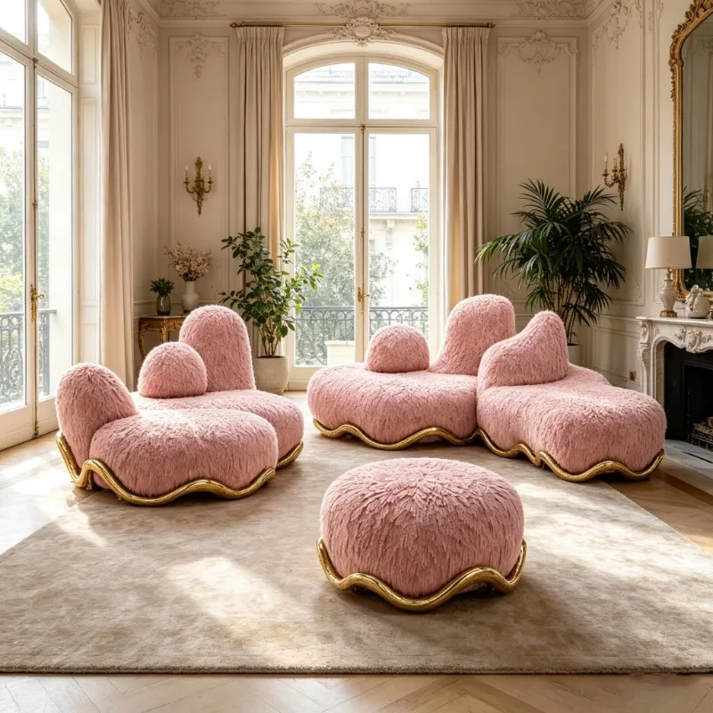 Modern Irregular Shape Plush Decorative Sofa Golden Curved Edge Living Room