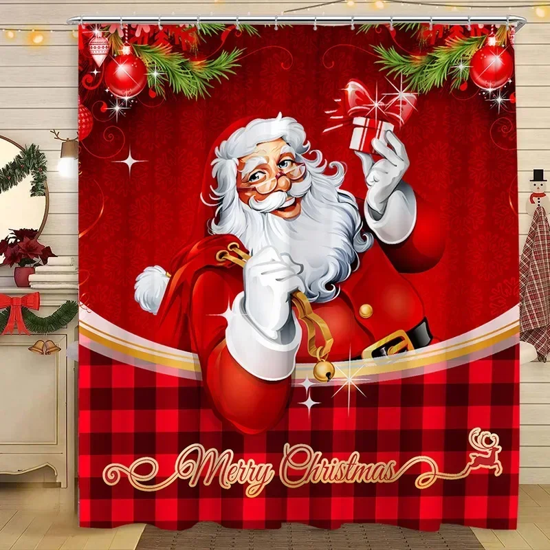 Christmas Shower Curtain Santa Claus Christmas Tree Cat Dog Winter Snowy Snowflake Home Polyester Fabric Bathroom Decor Curtai