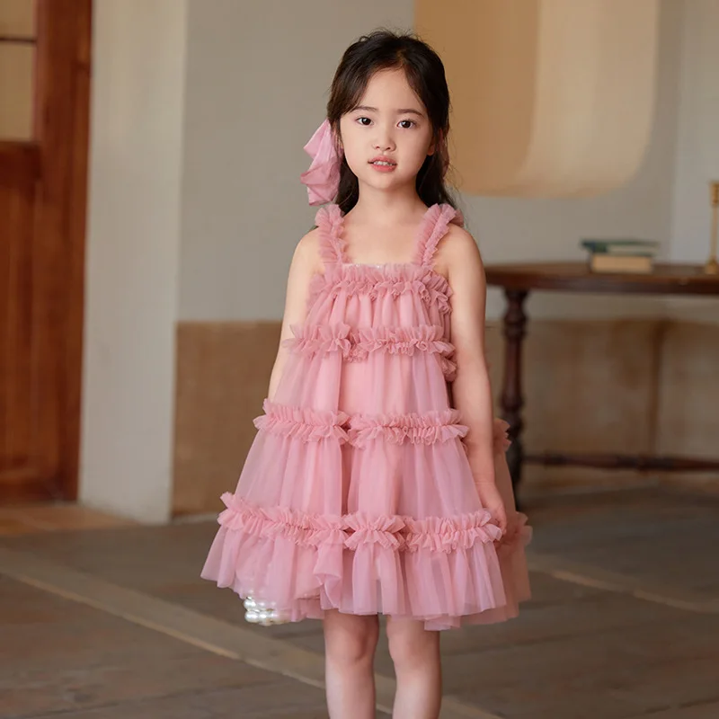 Summer Pretty Princess Vest Dress for Girls Solid Sling Halloween Costume Tulle Mesh Tutu Dresses Kids Party Princess Dress