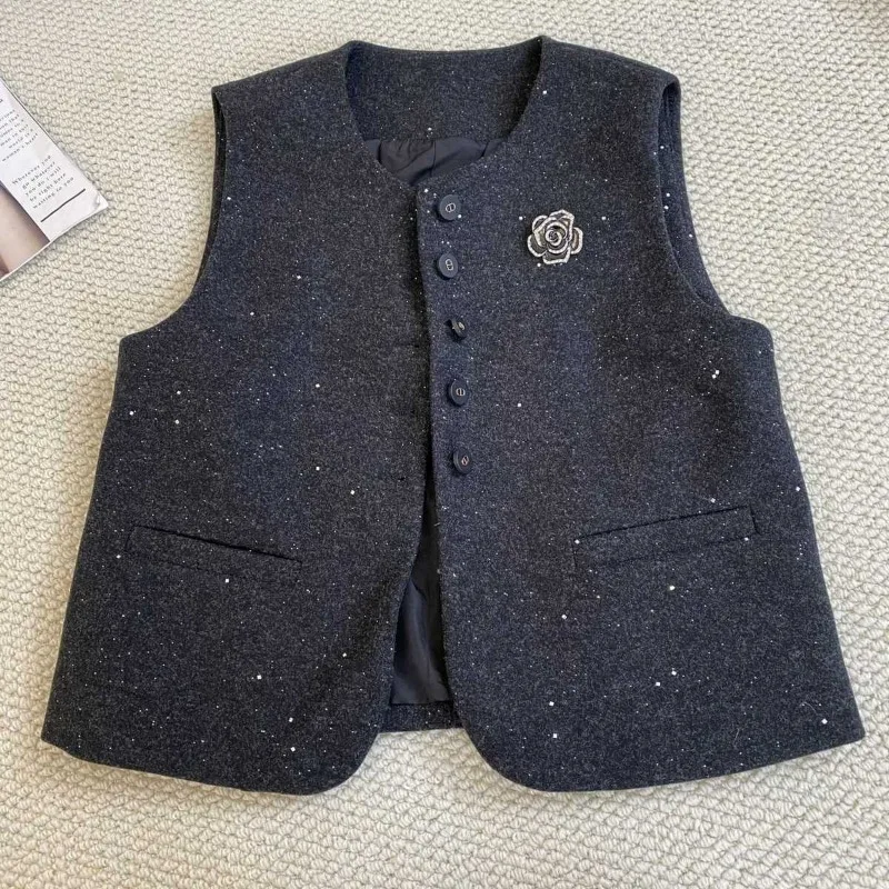 

Vest for Women 2025 Spring Autumn New Fashion Vest with Sequined Sleeveless Vest Short Jacket