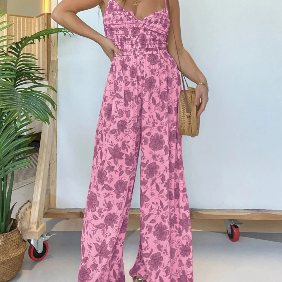 Combinaison une pièce à imprimé floral pour femme, barboteuse à col en fibre V, pantalon long à jambes larges, salopette sexy, taille haute, été