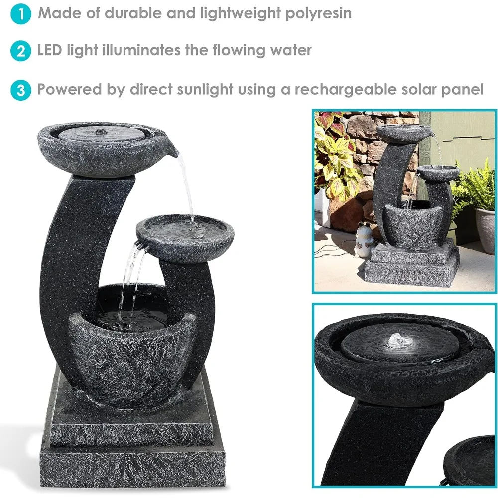 Modern Cascading Bowls 28-Inch Solar Water Fountain with Battery Backup and LED Lights - Submersible Pump