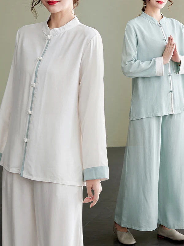 

Весенне-осенний костюм для практики тай-чи из хлопка и льна с длинными рукавами, винтажный, на пуговицах, в стиле дзен, больших размеров, с широкими брюками для чаепития