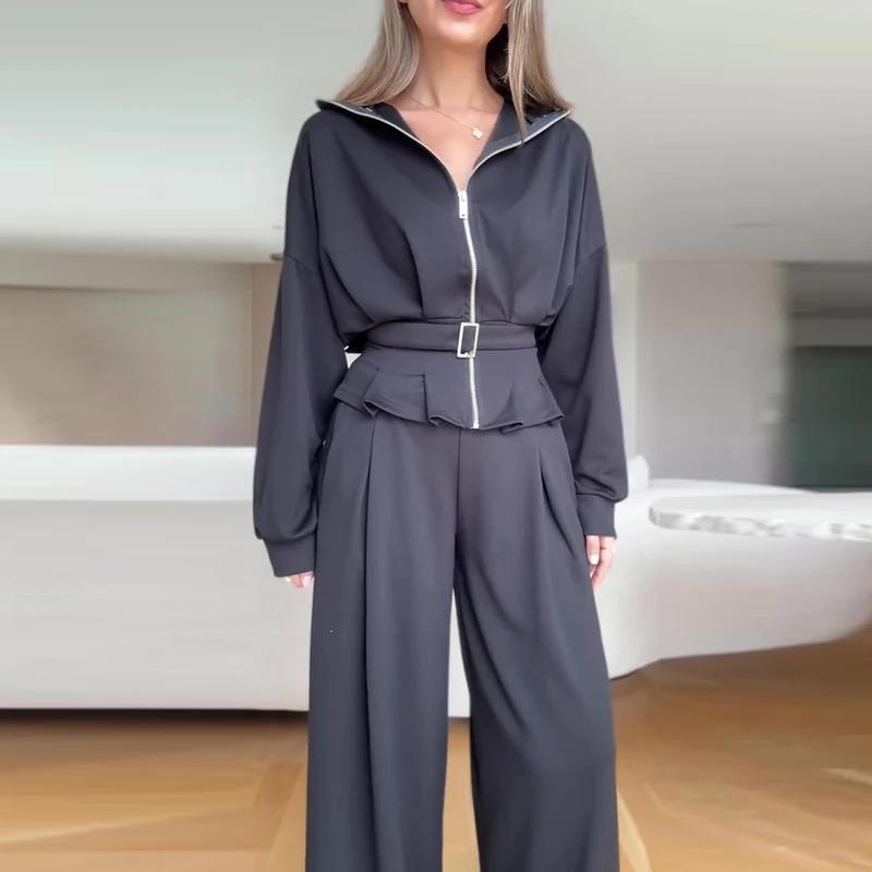 

Pocket style casual suit with lapel zipper waist cinching top and wide leg pants 2-piece set loose women's solid color new set