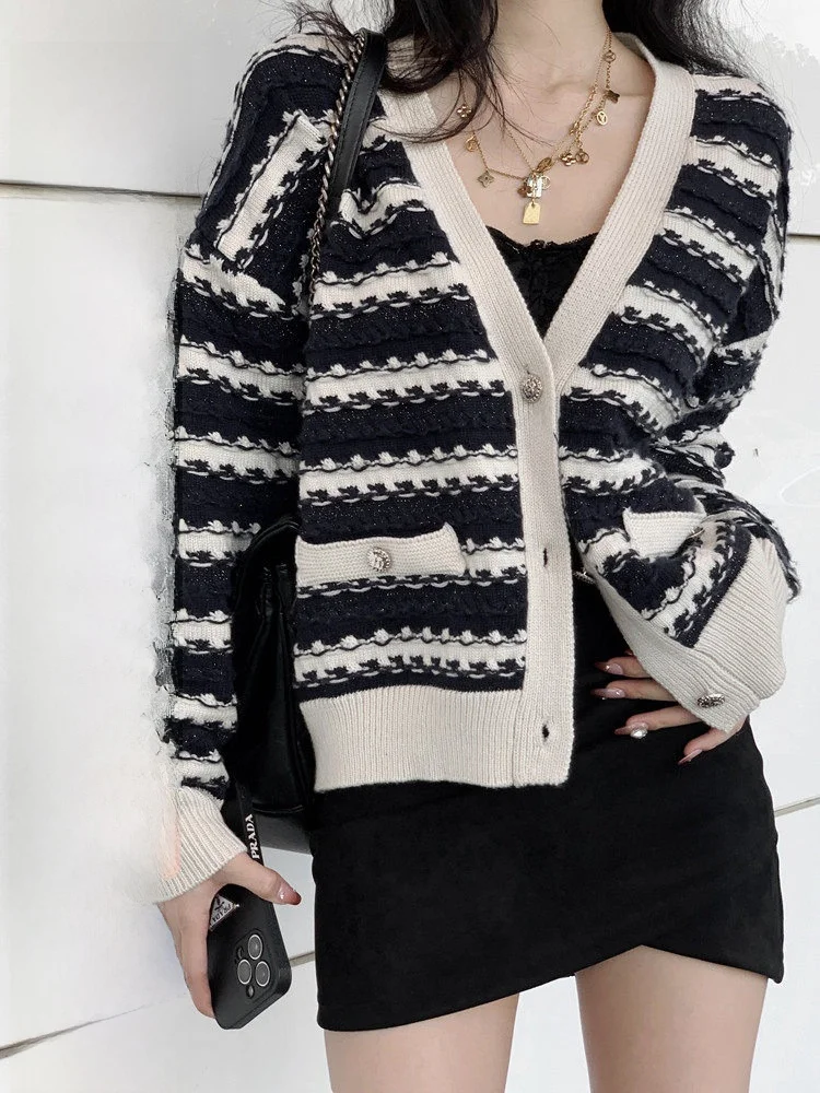 

Sweet lin Women's Loose Knitted Sweater Striped Lazy Sle Open Cardigan Top Korean Sle V-Ne Long Sve Wool Blend