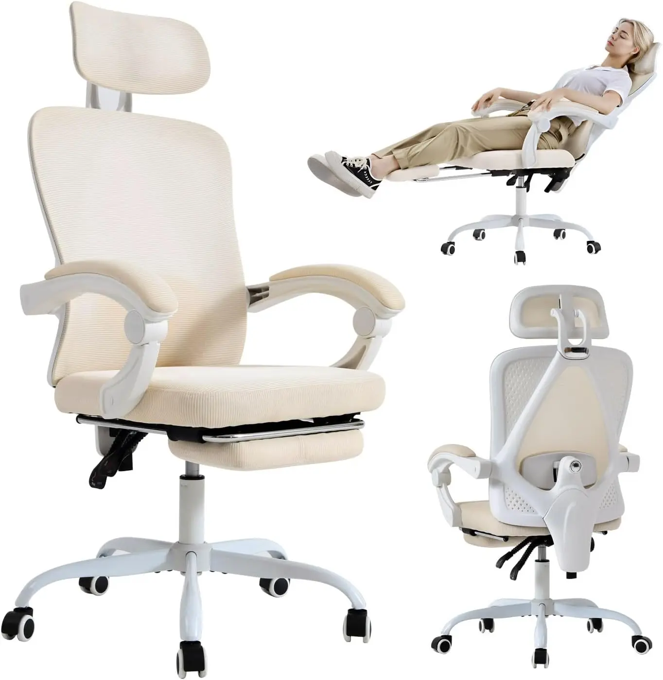 Silla de oficina ergonómica con soporte Lumbar ajustable, reposapiés retráctil, color blanco, 400LBS de capacidad