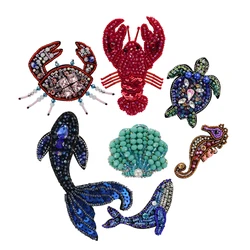 Sea Shell Fishes Turtle Crab Lobster SeaHorse Craft Badge Bead Crystal Sequin Patches Clothes Decorative Applique 2pieces