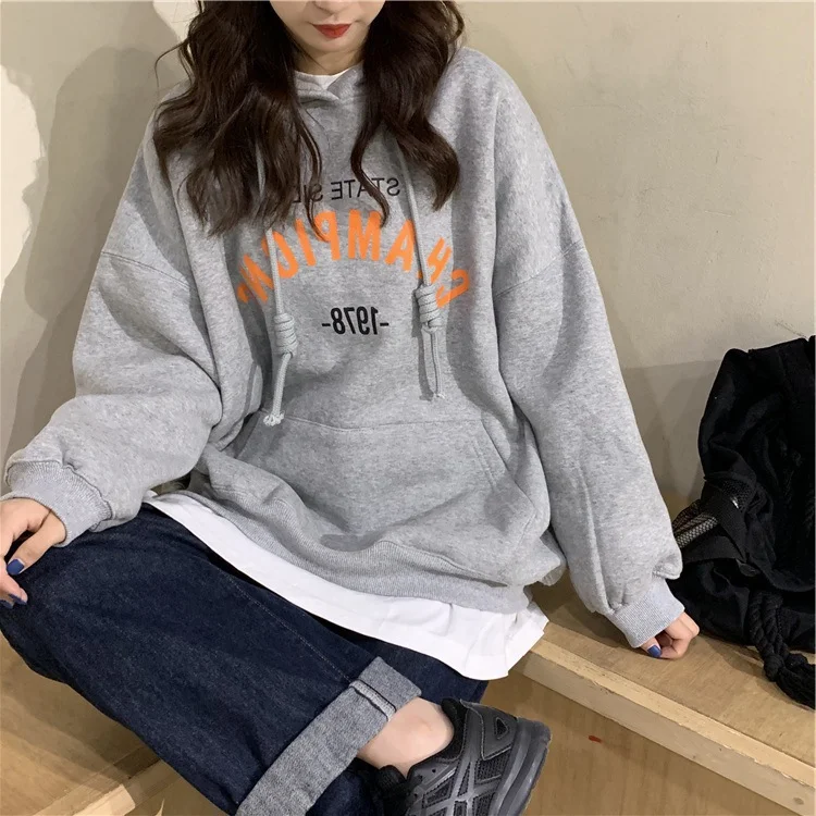 2024 Women\'s Hoodie Preppy Letters Print Tops Oversize Sweatshirt Streetwear Hip-hop Coat Drawstring Kangaroo Pocket Pullover